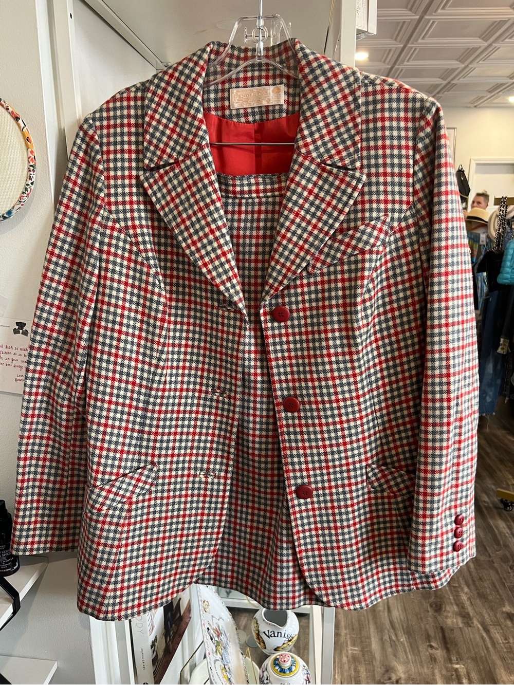 Pendleton Red, Blue & Cream Plaid Wool Blazer Jacket